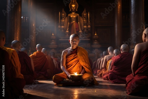 Monks and novices meditate in front of the Buddha image.
