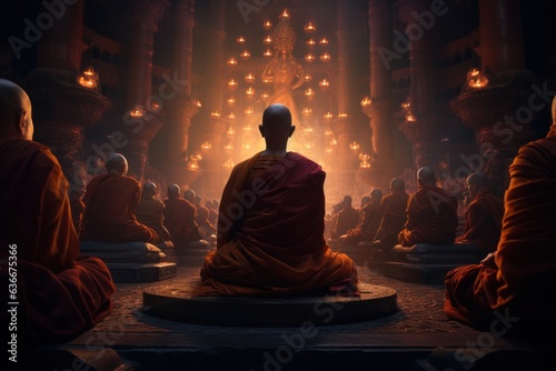 Monks and novices meditate in front of the Buddha image.