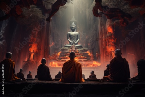 Monks and novices meditate in front of the Buddha image.