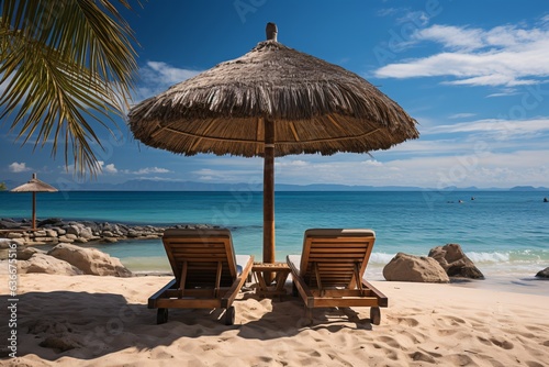 Beach chairs and umbrella on a tropical beach with tourquoise sea. Beautiful beach with sunbeds and umbrellas on tropical island.