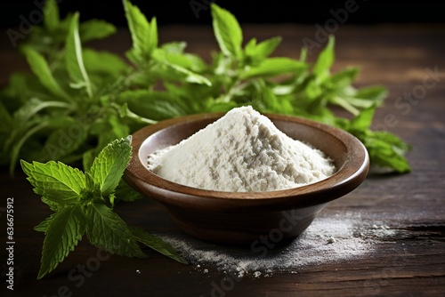 stevia sugar powder in the bowl, with fresh stevia leaves, on wooden background. Generative ai photo