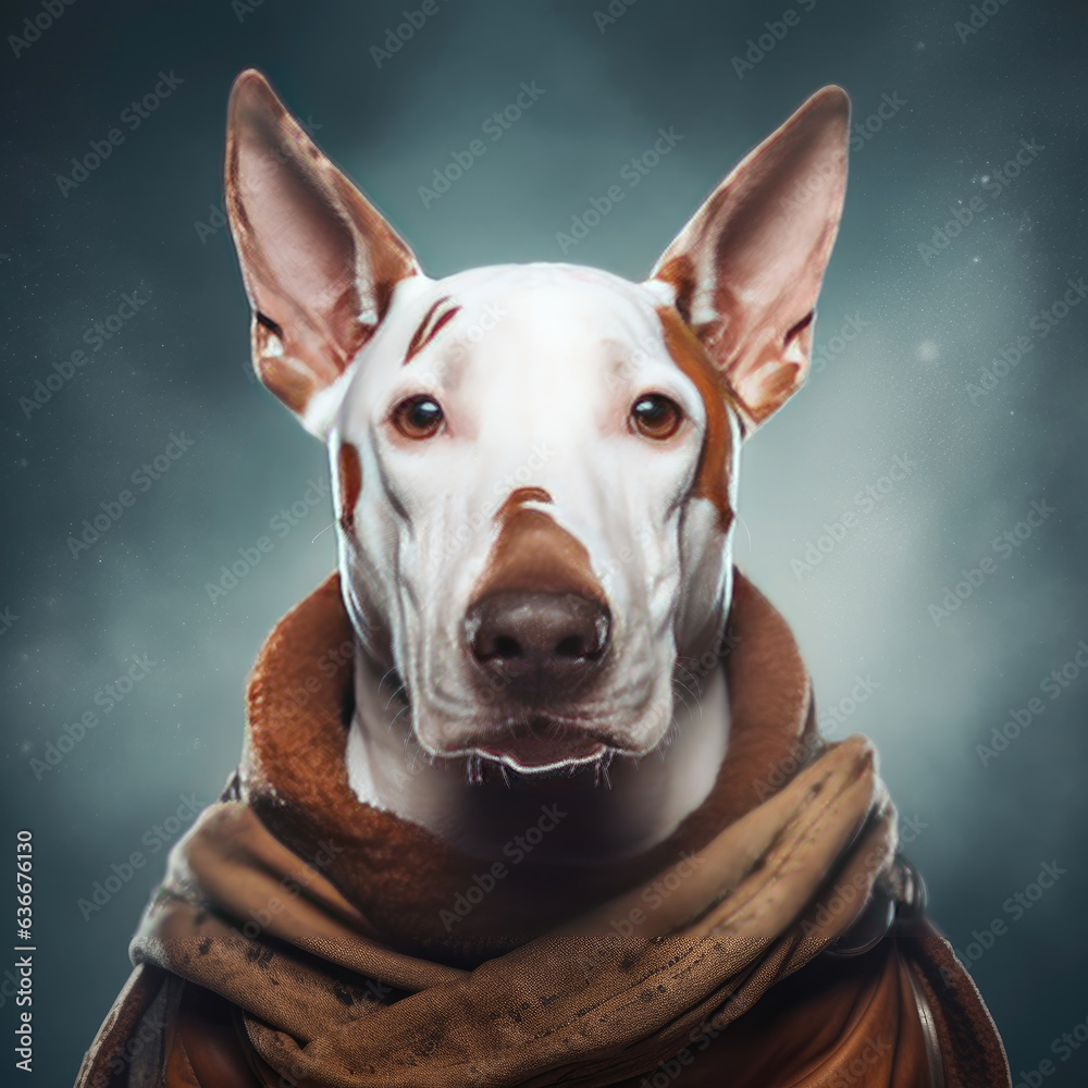 portrait of a bull terrier in a spacesuit on the background of space. Generative AI