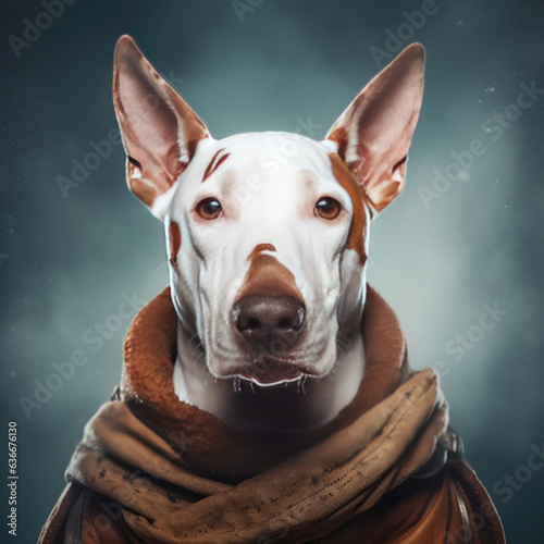 portrait of a bull terrier in a spacesuit on the background of space. Generative AI © Jo