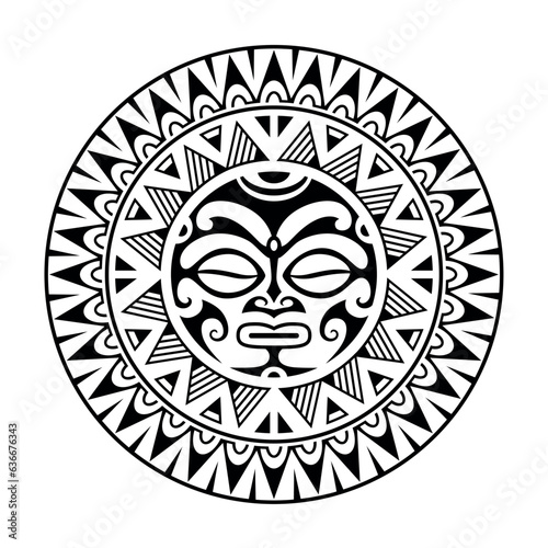 Round tattoo ornament with sun face maori style. African, aztecs or mayan ethnic mask. Black and white.