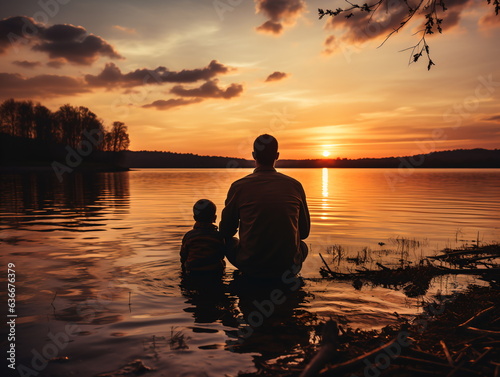 River sunset background and son and father.