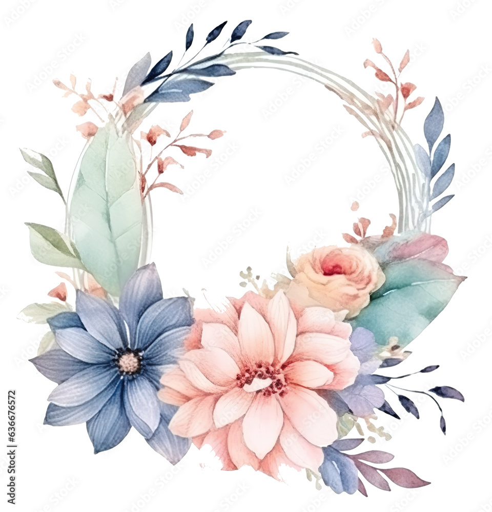 Elegant Pastel Blue, Pink Florals and Green Leaves Watercolor Frame with a Golden Border on Transparent Background
