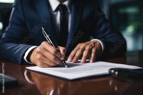 Business man with suit signing a new contract. Generative AI.