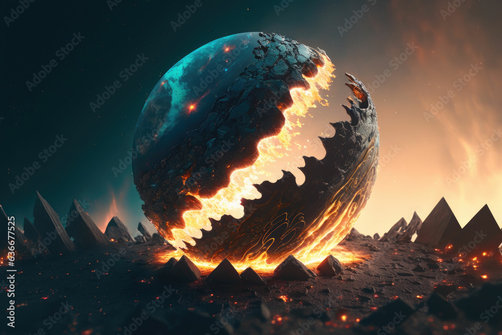 Planet explosion, meteor impact, planet shattering in half - obrazy, fototapety, plakaty 