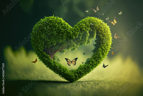 Green heart shaped tree in field valentine's day concept, photo