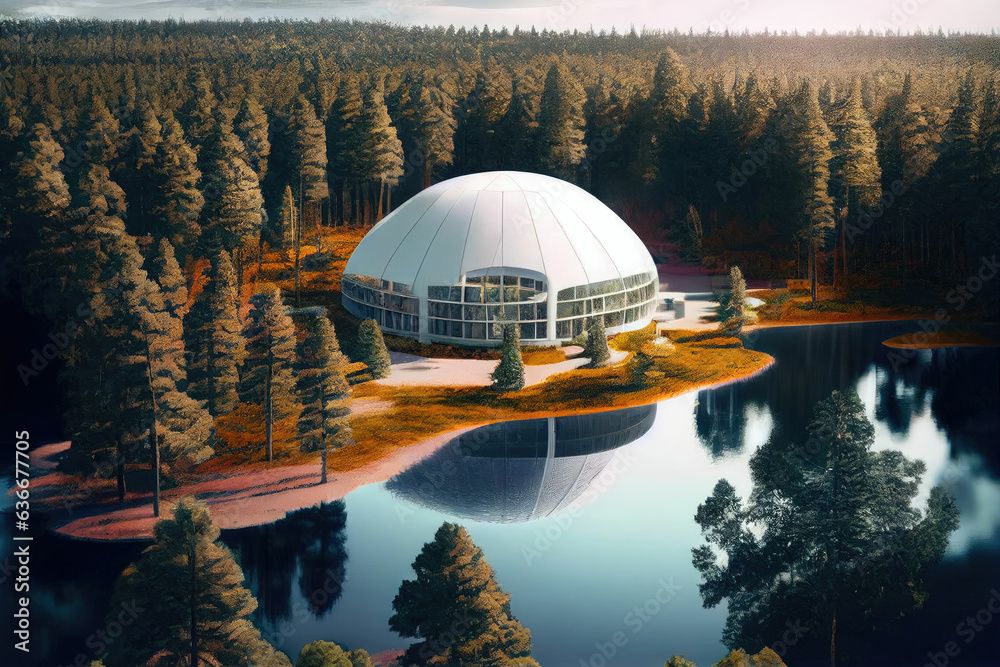 Fototapeta premium Symbiotic harmony: futuristic dome house nestled in nature's embrace near tranquil lake
