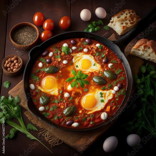 A turkish-style breakfast of shakshuka veggies and fried eggs in a black frying pan