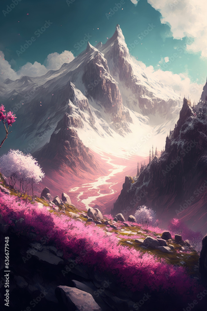 Serene mountain peak landscape with lilla flowers in full bloom