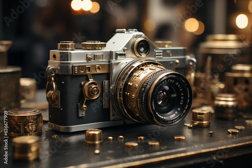 Camera on table, vintage camera on black background