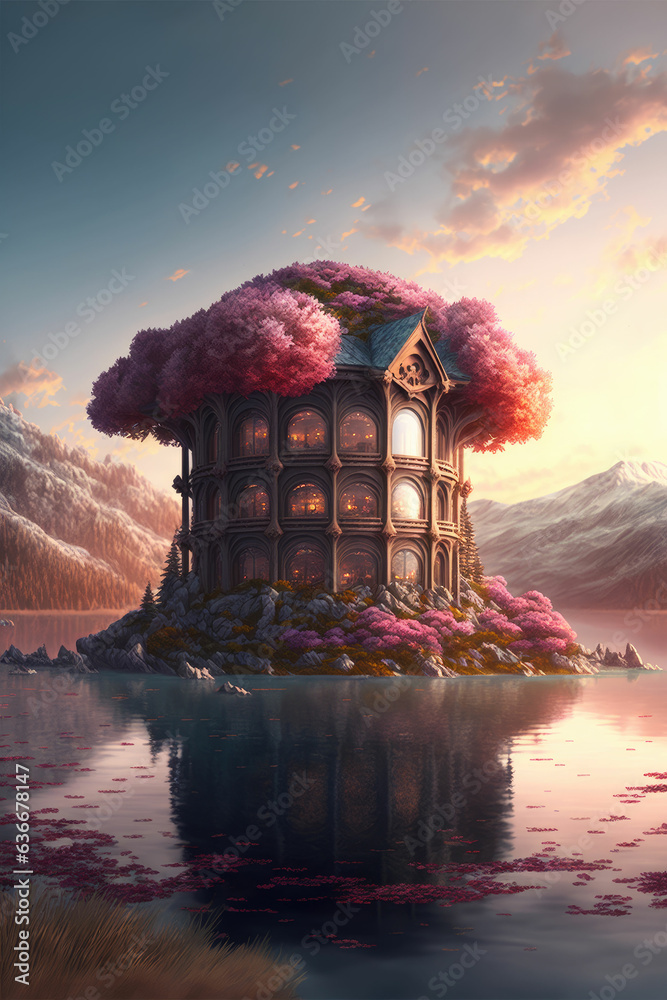 Fototapeta premium Futuristic house near the lake with trees