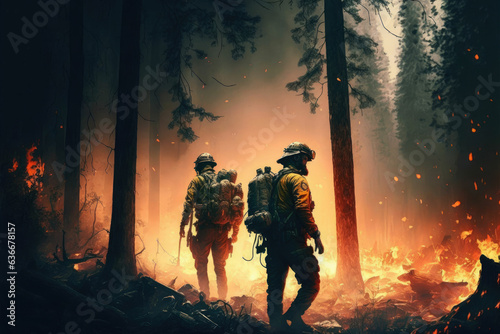 Firefighters extinguishing forest fire