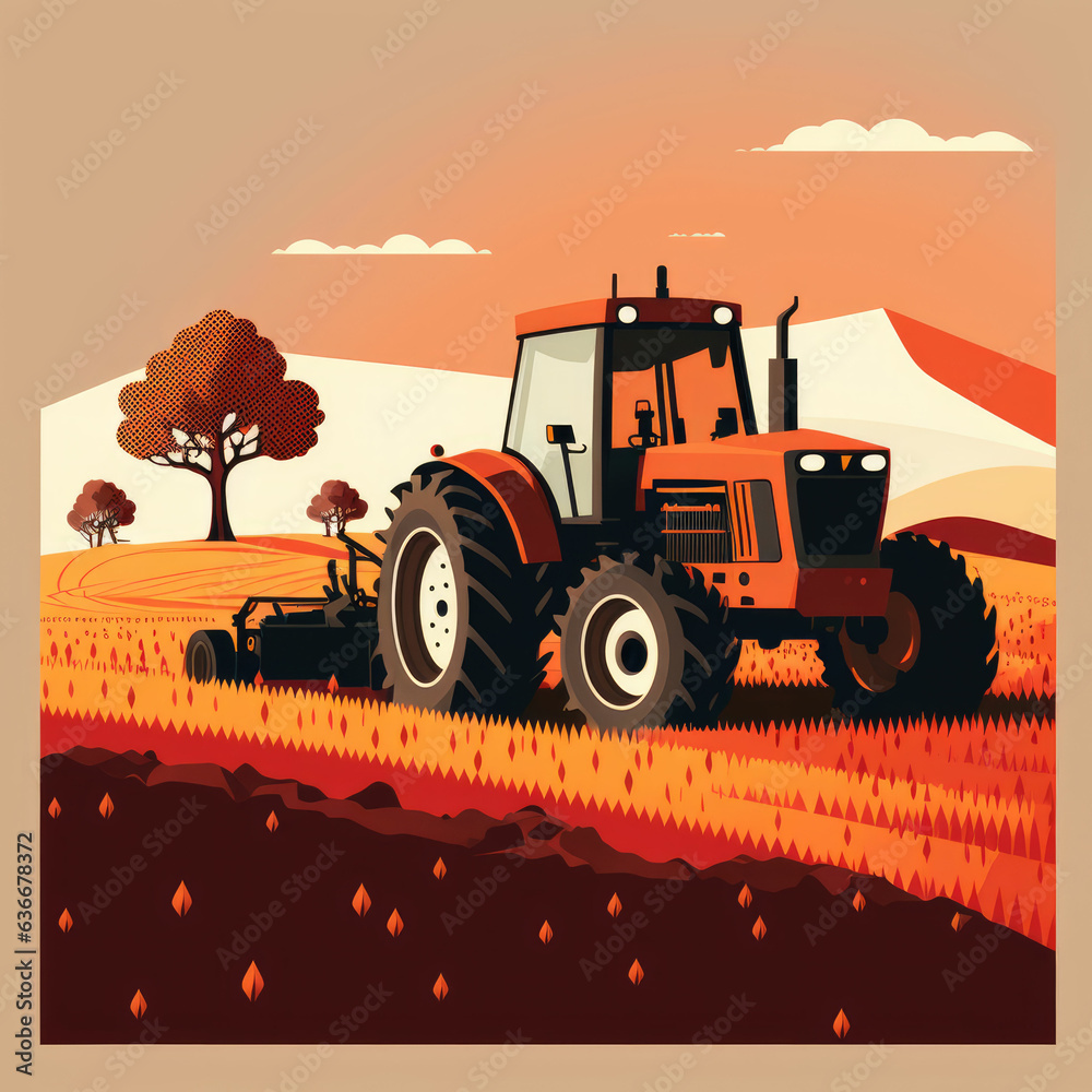 Fototapeta premium Farm landscape wiht a tractor, agricultural concept, flat illustration style