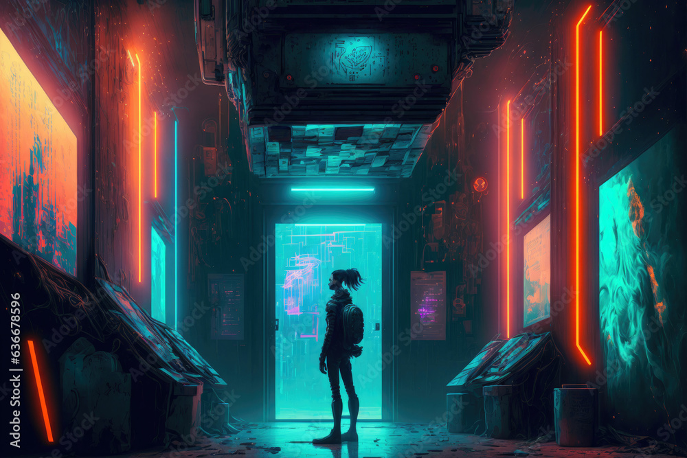 Futuristic man standing in a high-tech hallway, cyberpunk city
