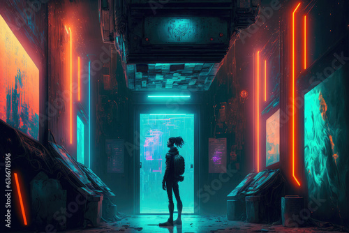 Futuristic man standing in a high-tech hallway, cyberpunk city © DNY3D