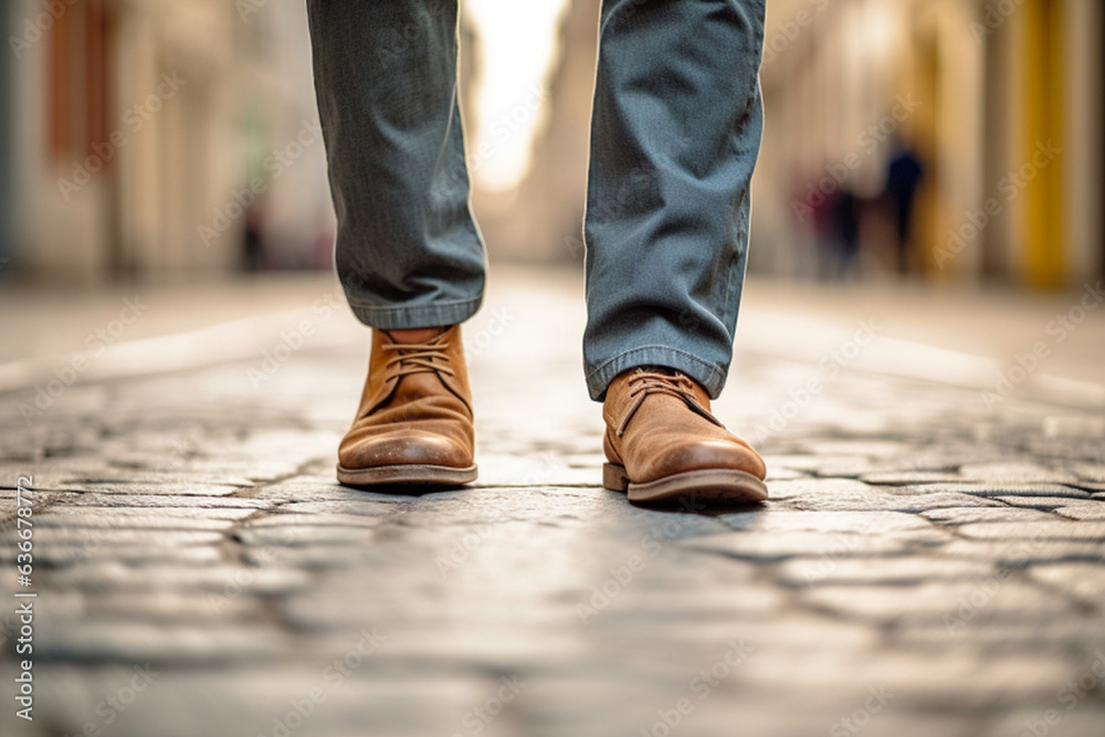 Photo of a man walking on a lonely street, wearing shoes, cool, realistic