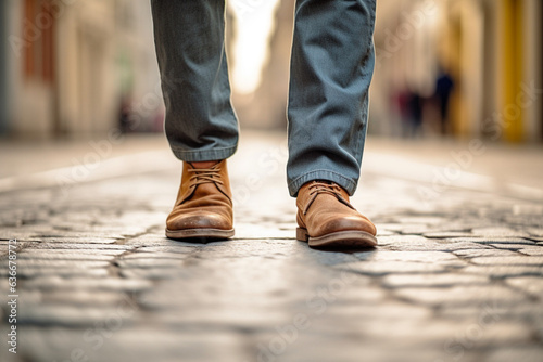 Photo of a man walking on a lonely street, wearing shoes, cool, realistic