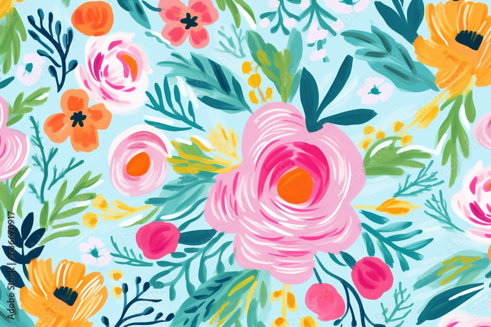 Flora wallpaper spring design watercolor floral seamless pattern background nature flower - obrazy, fototapety, plakaty 