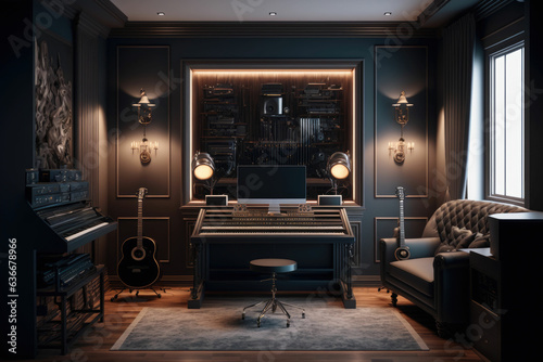 Home music studio with wooden desk and monitor speakers midi keyboards and interfaces created with tools © DNY3D