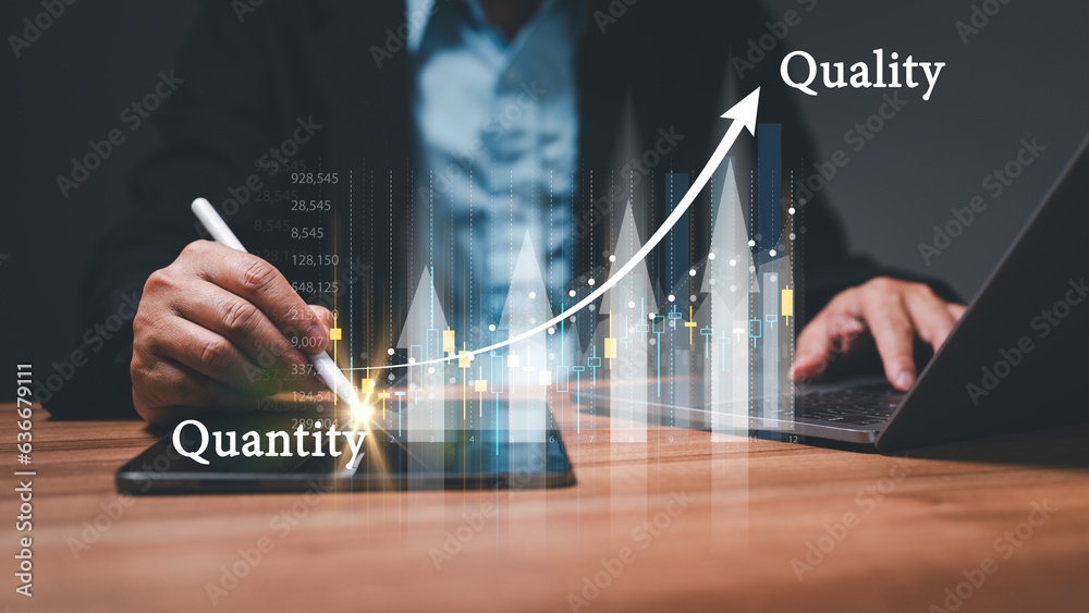 A businessman used a graph to illustrate his concept of how increasing the quality of his products would lead to increased sales and growth for his business. - obrazy, fototapety, plakaty 