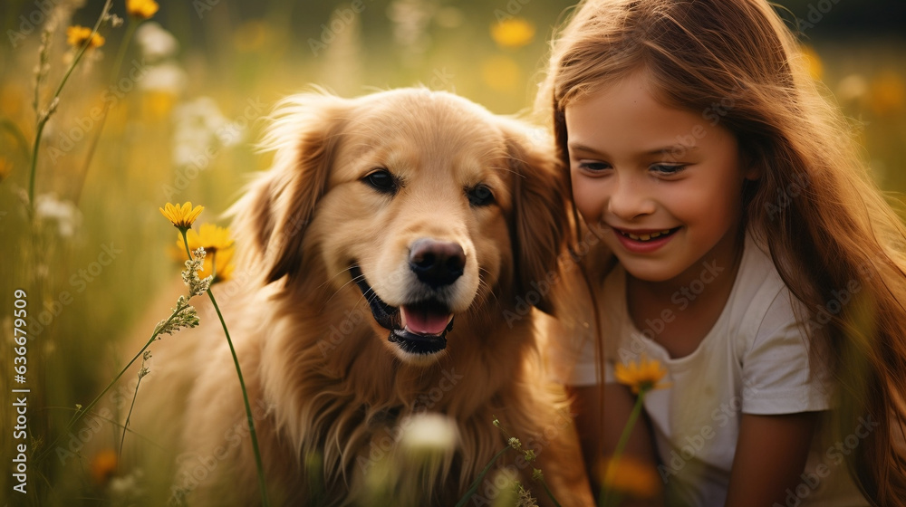 Junges Mädchen spielt auf einer Wiese mit einem Hund im Sommer.