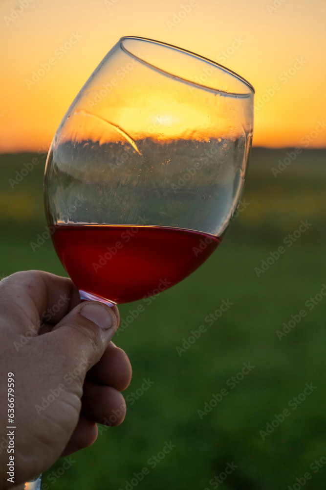 Wine in a glass at sunset