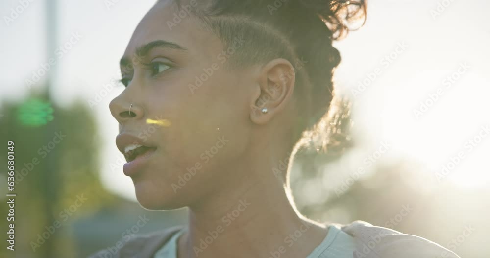Face, breathing and tired woman outdoor with fitness, break and rest after running or intense cardio. Sports, fatigue and female runner stop for recovery, breathe and mindset focus on training run