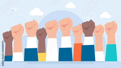 Men and women of all ages and skin colors are protesting. Demonstration, revolution, protest raised arm. Power. Fists hands up. Concept of unity, revolution, fight, cooperation. Vector illustration.