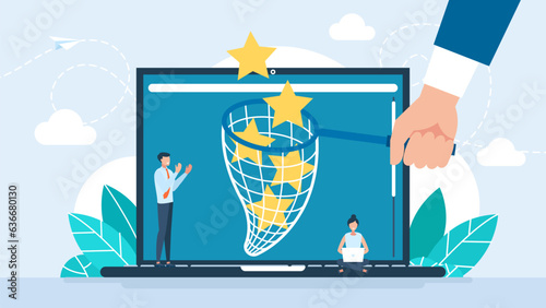 The site with the best rating. Five stars in a butterfly net on a laptop background. Review rating. Reviews stars with good rate. Success in business. Vector illustration