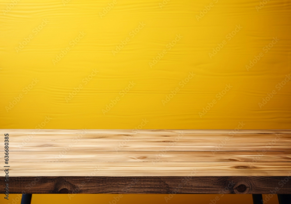 Empty wooden tabletop with yellow studio background. AI Generated images Empty wooden tabletop with yellow studio background. AI Generated images