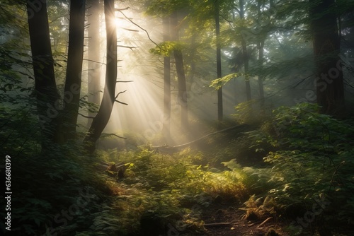 magical forest pathway with sunlight streaming through the trees © Marius