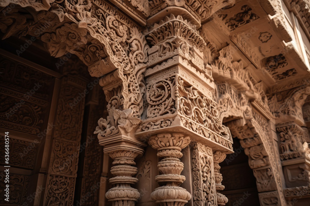detailed close-up view of a stone building with intricate carvings and architectural details
