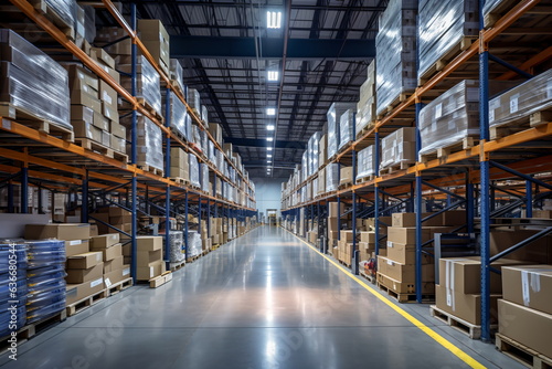 Interior of a modern warehouse storage of retail shop with pallet truck near shelves