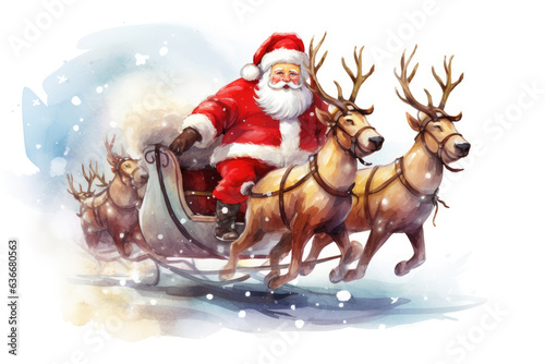 Santa Claus is flying on a sleigh with reindeer