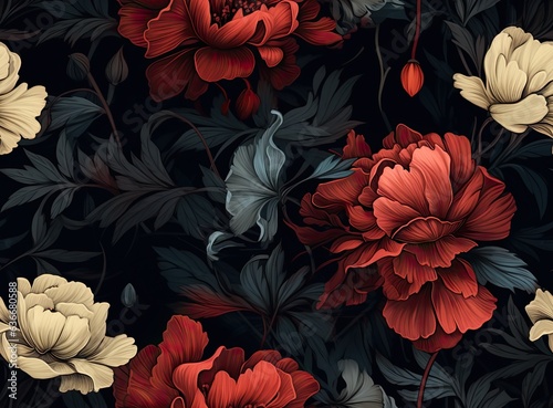 Vintage floral card. Beautiful garden flowers. Peonies, roses, tulips, lily, hydrangea on black background. SEAMLESS PATTERN. SEAMLESS WALLPAPER. Created with Generative AI technology.