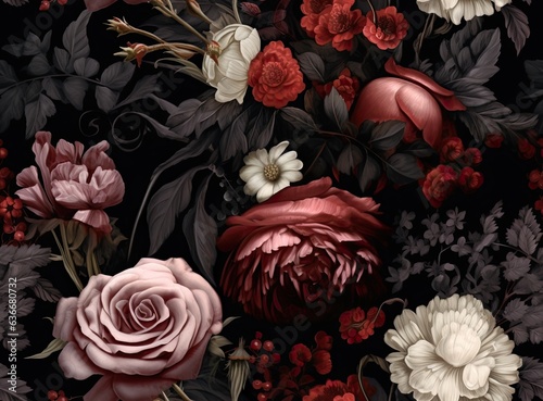 Vintage floral card. Beautiful garden flowers. Peonies, roses, tulips, lily, hydrangea on black background. SEAMLESS PATTERN. SEAMLESS WALLPAPER. Created with Generative AI technology.