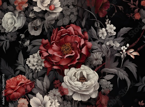 Vintage floral card. Beautiful garden flowers. Peonies, roses, tulips, lily, hydrangea on black background. SEAMLESS PATTERN. SEAMLESS WALLPAPER. Created with Generative AI technology.
