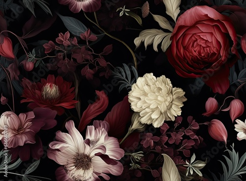Vintage floral card. Beautiful garden flowers. Peonies, roses, tulips, lily, hydrangea on black background. SEAMLESS PATTERN. SEAMLESS WALLPAPER. Created with Generative AI technology.