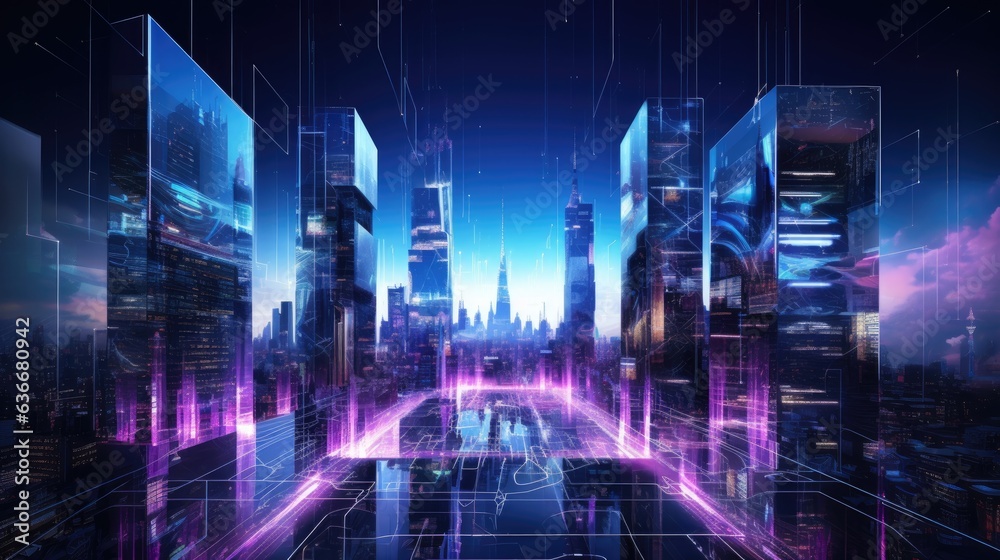 The image of the metropolis in the cyber future, where skyscrapers rise. The image of the metropolis in the cyber future, where skyscrapers rise.