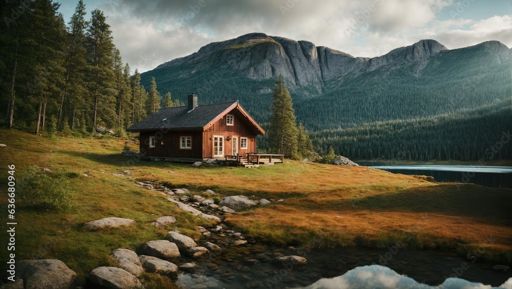 kleine rustikale Berghütte, Bergsee, Wald, Ausspannen, Urlaub, Selbstfindung