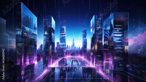 The image of the metropolis in the cyber future, where skyscrapers rise.