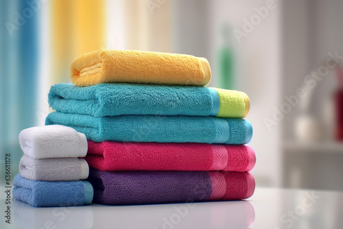 A tide pile of fresh and clean towels, all folded in a bathroom