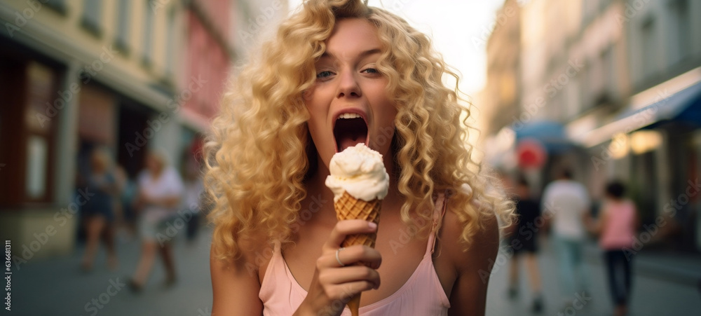 Junge Frau ist ein Eis in der Fußgängerzone einer Altstadt. Junge Frau ist ein Eis in der Fußgängerzone einer Altstadt.