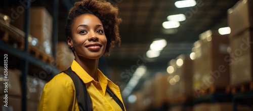 A young African woman takes center stage amidst the controlled chaos of a warehouse. Adorned in a high visibility vest, she stands beside a carton box, showcasing her active role. The backdrop consist