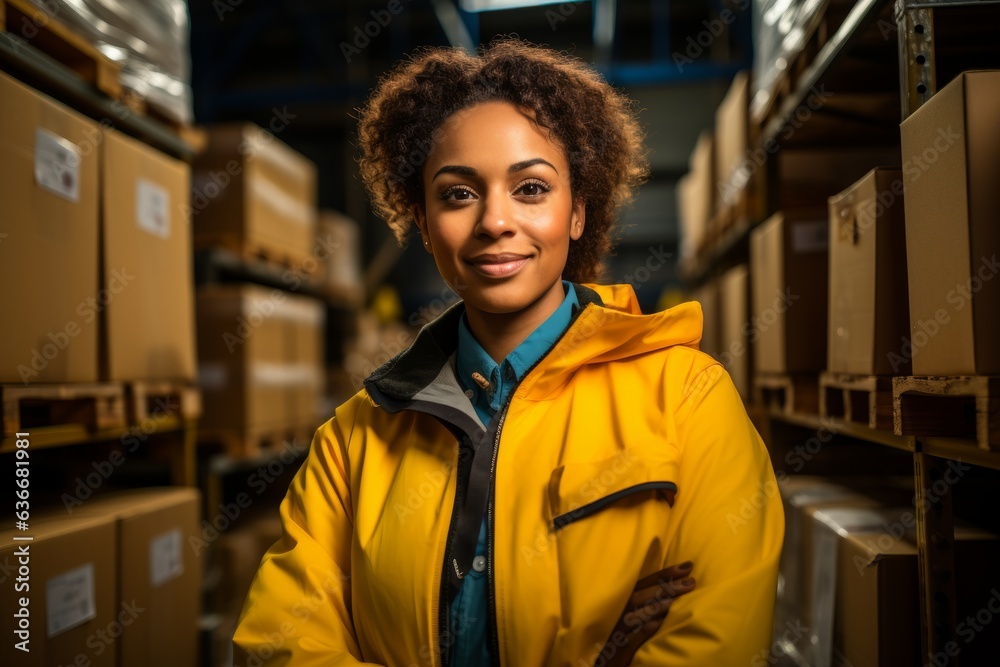 Obraz premium A young African woman commands attention in the midst of warehouse dynamics. Adorned in a high visibility vest, she stands next to a carton box, a symbol of ongoing tasks. Blurred shelves stacked with