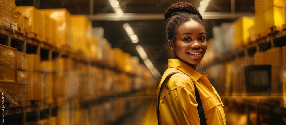 In the heart of warehouse activity, a young African woman plays her part. Clad in a high visibility vest, she stands beside a carton box, embodying dedication. Blurred shelves stacked with products pa - obrazy, fototapety, plakaty 