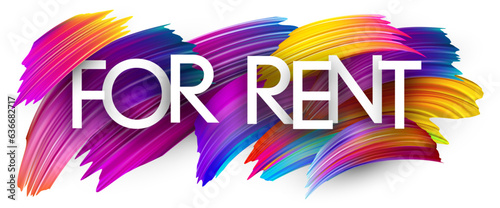 For rent paper word sign with colorful spectrum paint brush strokes over white. Vector illustration.